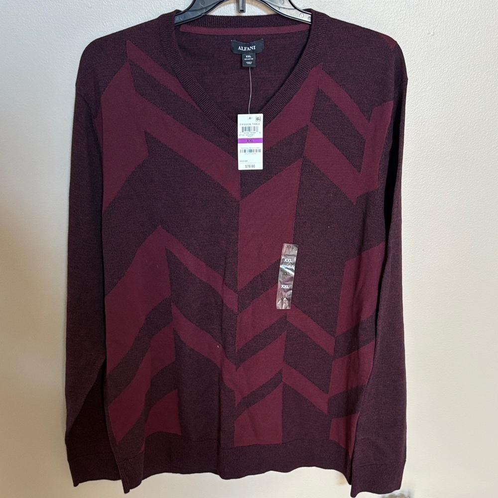 NWT Alfani  Men's plum black  geo V neck Sweater ribbed / cotton / size XXL